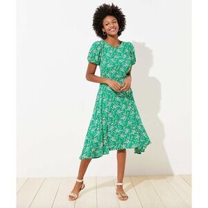 LOFT Buttercup Puff Sleeve Flounce Midi Dress Green Floral Women's Size 0 Petite